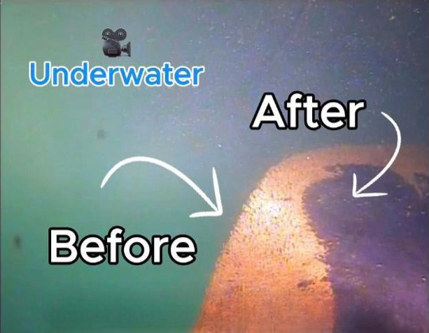 Underwater before-and-after: fouled hull section next to a freshly cleaned section